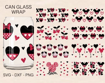 Valentines Can Glass Wrap Bundle, XoXo Glass Wrap, Mouse Ears Svg, 16oz Libbey Full Wrap, Can Glass Svg, File For Cricut, Libbey Template
