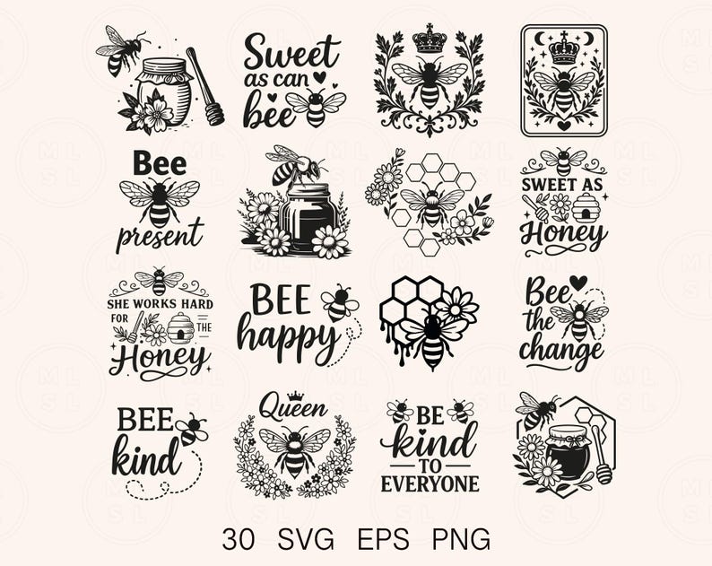 May include: A collection of black and white bee-themed designs. The images include bees, honey pots, honeycomb, and floral elements. Text includes phrases like "Sweet as can bee," "Bee happy," and "Bee kind." The bottom of the image reads "30 SVG EPS PNG."