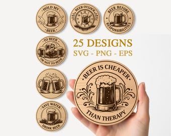 Beer Coasters SVG Bundle, Beer Laser Burn File, Laser Engraving Files, Beer Coasters, Glowforge xTool CNC Cut, Home Decor, Beer Lover Gift