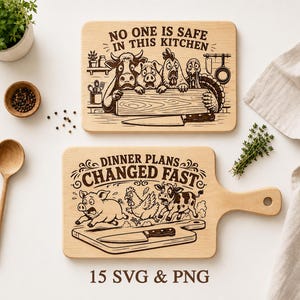 May include: Two wooden cutting boards with humorous engraved designs. One reads "NO ONE IS SAFE IN THIS KITCHEN" with cow, pig, and turkey illustrations. The other says "DINNER PLANS CHANGED FAST" with running pig, chicken, and cow. Includes text "15 SVG & PNG".