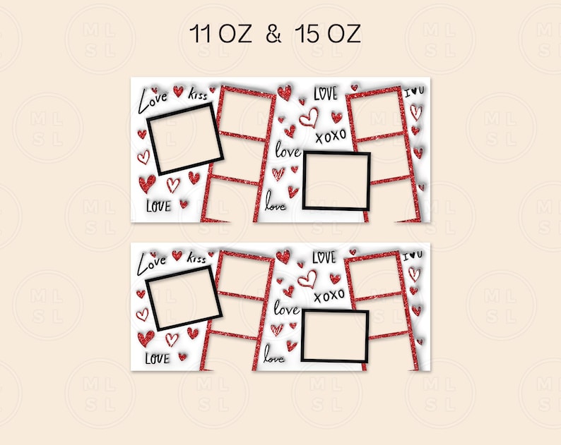 Pu&ograve; includere: Due modelli di foto stampabili per tazze da 11 e 15 once. Ogni modello presenta uno sfondo rosso glitterato con cuori, le parole "Love", "Kiss", "XOXO" e "I Love You", e due cornici per foto.