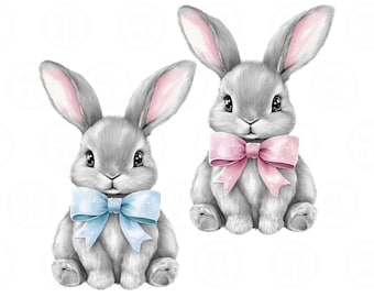 Watercolor Easter Bunny Couple PNG, Blue & Pink Bunny Happy Easter, Coquette easter bunny Png, Spring Design, Colorful Bunny, Easter Design