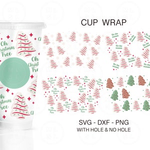 Puede incluir: Un diseño digital para una envoltura de taza con un patrón de árbol de Navidad con rayas rojas y blancas, chispas verdes y el texto "Oh Christmas Tree". El diseño también incluye un patrón más pequeño de copos de nieve y el texto "Tis the season".