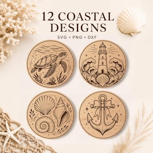 May include: A digital graphic set titled 12 COASTAL DESIGNS SVG PNG DXF featuring four circular illustrations on a light background. The designs include a sea turtle, a lighthouse with waves and shells, various seashells, and an anchor with a bow.