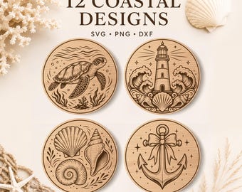 Beach Coaster Svg Files, Coastal Coasters Svg Bundle, Glowforge File, Summer Ocean Coasters Bundle, Summer Slate Coaster, Xtool Cnc File