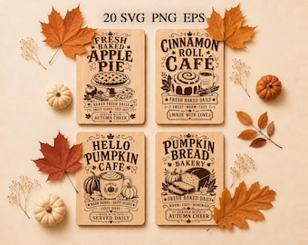 Fall Cutting Board SVG Bundle, 20 Autumn Kitchen Engraving Files, Pumpkin Spice Coffee SVG, Apple Pie Design, Glowforge xTool CNC, Png Eps