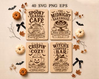 Spooky Cutting Board SVG Bundle, 40 Halloween Kitchen Engraving Files, Witch Coffee SVG, Pumpkin Ghost Designs, Glowforge xTool CNC, Png Eps