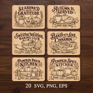 May include: Six rectangular wooden plaques featuring black engraved illustrations and text related to autumn themes. Designs include pumpkins, kitchen tools, and phrases like Seasoned with Gratitude, Autumn is Served, and Pumpkin Spice Kitchen.