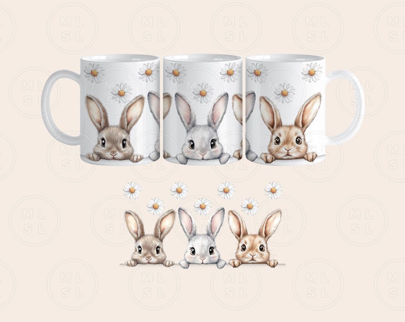 May include: Set of three white ceramic mugs with a floral design and a bunny peeking over the rim of each mug.