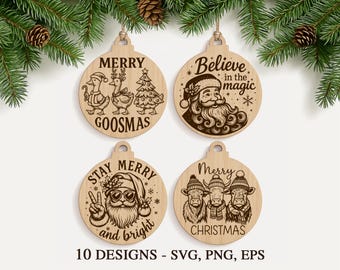 Christmas Ornament Engraving Svg Bundle, Funny Holiday Laser Engraving Files, Santa Wood Coaster Svg, Glowforge Christmas Decor, Engraving