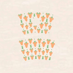 Pode incluir: Um design com tema de P&aacute;scoa com cenouras laranja com la&ccedil;os e copas verdes, juntamente com silhuetas de coelhos verdes. O design &eacute; repetido em um padr&atilde;o, perfeito para artesanato e decora&ccedil;&otilde;es de primavera.