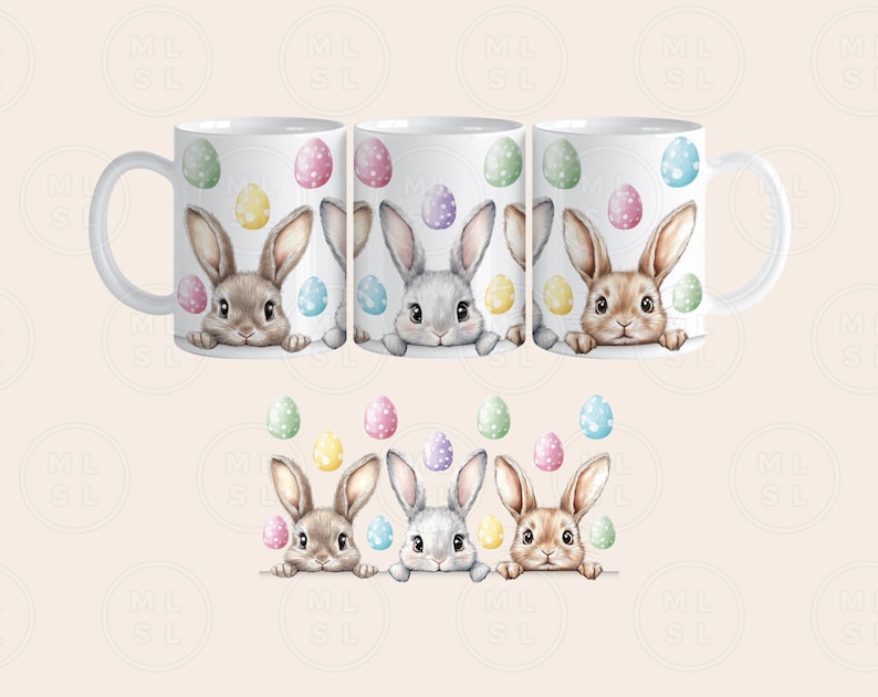 May include: Three white mugs with handles, each featuring a different bunny rabbit peeking over the rim. The bunnies are surrounded by colorful Easter eggs.