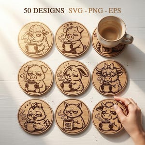 50 kaffe djur underlägg SVG-paket, roliga djur underlägg Svg, bondgårdsdjur Svg, Glowforge xTool CNC-skuret, söta djur, gravyrfiler