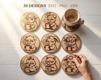 50 Coffee Animal Coasters SVG Bundle, Funny Animals Coaster Svg, Farm Animals Svg, Glowforge xTool CNC Cut, Cute Animals, Engraving files