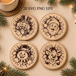May include: Four circular wooden coasters featuring laser-engraved illustrations of a nutcracker, Santa Claus, a snowman, and a reindeer, each appearing to break through a cracked wall surface. The text 20 SVG PNG EPS is printed above.