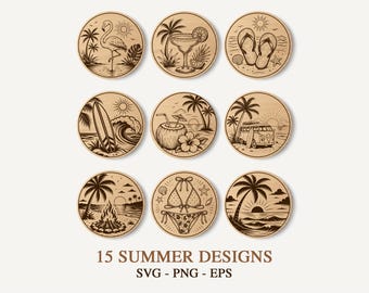 Beach Summer Coaster Svg Bundle, Coastal Coasters Svg Bundle, Glowforge File, Summer Ocean Coasters Bundle, Summer Slate Coaster, Xtool Cnc