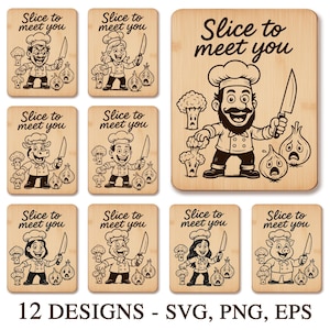Funny Kitchen Cutting Board Svg Bundle, Slice to Meet You Svg, Charcuterie Board Svg, Engraving File, Coffee coasters, Glowforge Svg