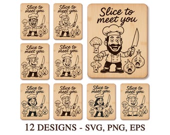 Può includere: Una collezione di 12 disegni con chef dei cartoni animati che tengono coltelli, con la scritta "Slice to meet you". I disegni sono su taglieri di legno, con illustrazioni di verdure come cipolle e broccoli.