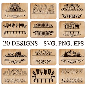 Kitchen Tray Svg Bundle, 3D Illusion Cutting Board Laser Engraving File, Coffee coasters, Charcuterie Board Engraving, Glowforge Svg