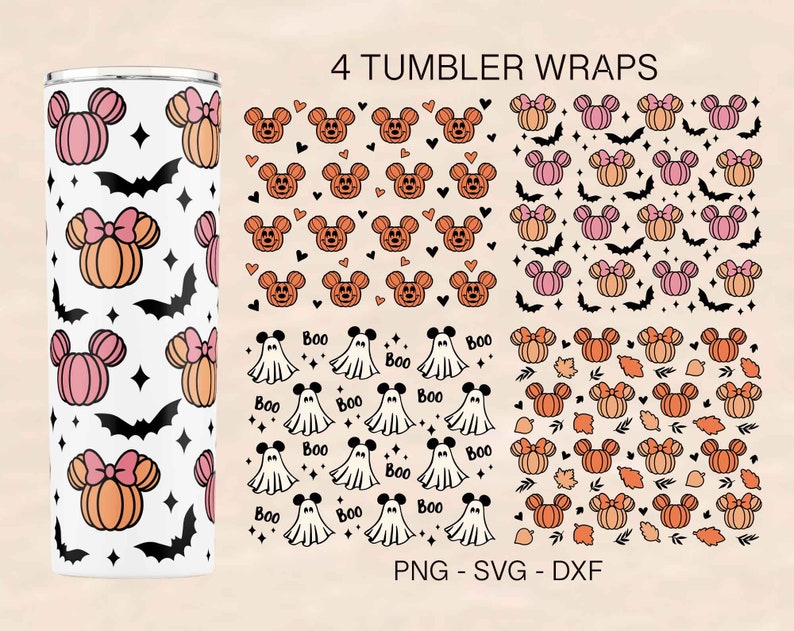 May include: Four different designs for tumbler wraps featuring a Halloween theme. The designs include Mickey Mouse ears, pumpkins, ghosts, and bats. The text "Boo" is repeated on the ghost design. The text "4 Tumbler Wraps" and "PNG - SVG - DXF" are also included in the image.