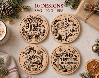 Funny Christmas Coaster SVG Bundle, Laser Engraving Files, Holiday Drinking Sayings, Glowforge xTool CNC, Wooden Coaster Designs, Png Eps