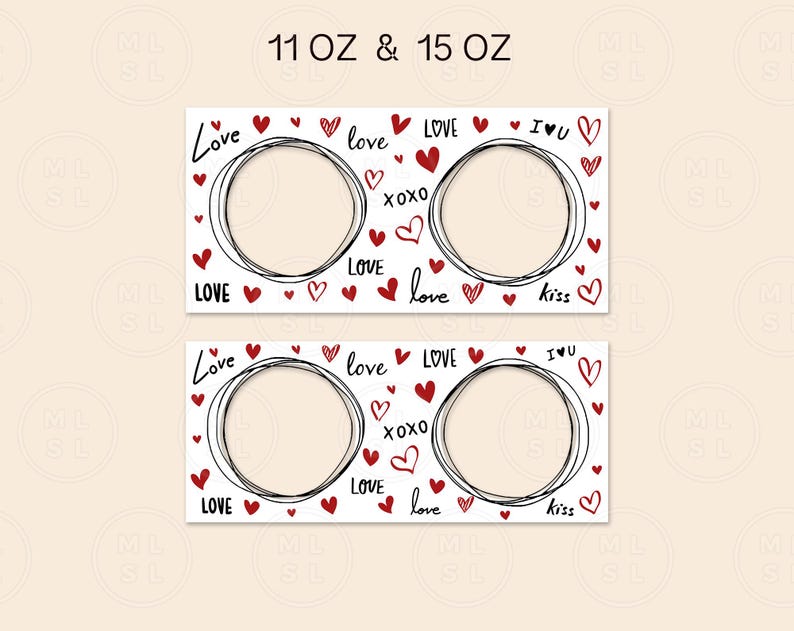 K&ouml;nnte beinhalten: Zwei leere wei&szlig;e Etiketten mit roten Herzen und schwarzem Text. Der Text auf den Etiketten lautet "Love", "love", "XOXO", "I &hearts; U", "Kiss" und "LOVE". Die Etiketten sind f&uuml;r 11 oz und 15 oz Beh&auml;lter.