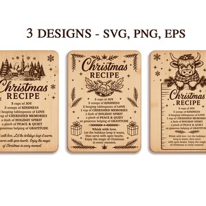May include: Three wooden cutting boards with a Christmas recipe design. Each board features the text "Christmas Recipe" and a list of ingredients. One board has a church scene, another has bells, and the last has a cow.