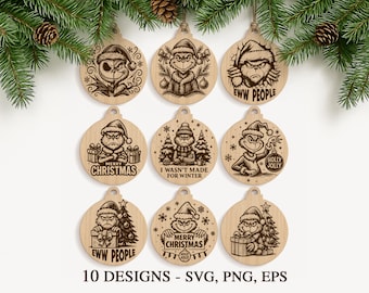 Christmas Ornament Engraving Svg Bundle, Funny Holiday Engraving Files, Santa Laser Cut Decor, Glowforge Svg, Wood Engraving, Coffee coaster