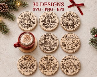 Cute Christmas Coaster SVG Bundle, Laser Engraving Files, Festive Sayings, Santa Snowman Designs, Glowforge xTool, Wooden Coasters, PNG EPS