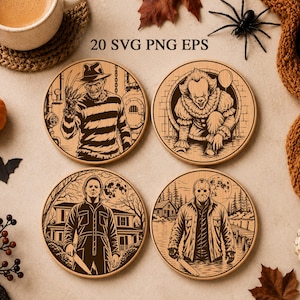 May include: Four circular wooden coasters featuring detailed black line art illustrations of iconic horror movie characters, including Freddy Krueger, Pennywise, Michael Myers, and Jason Voorhees, with the text 20 SVG PNG EPS visible above.