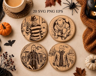 Scary Halloween Coaster SVG Bundle, Creepy Character Laser Engraving Files, Wood Coffee Coasters, Glowforge xTool CNC, Spooky Decor, Png Eps