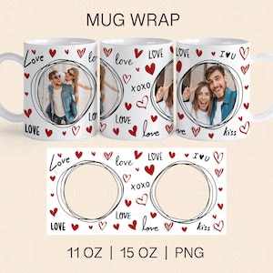 Valentine&#39;s Day Mug Wrap Sublimation, 11oz and 15oz Mug Wrap Png, Valentines Mug Wrap, Valentine&#39;s Day Photo Template, Doodle Heart Png