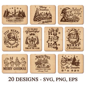 May include: A collection of ten wooden Christmas-themed designs. Each design features festive illustrations of Santa Claus, winter scenes, and holiday phrases like "Merry Christmas" and "Tis the Season". The designs are in a rustic, vintage style.