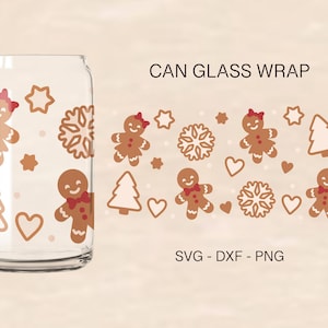 Lebkuchendose Glas Svg, Weihnachten Glas Wrap Svg, Lebkuchenpaar Svg, 16oz Libbey, Can Glass, Dateien für Cricut, Libbey Template