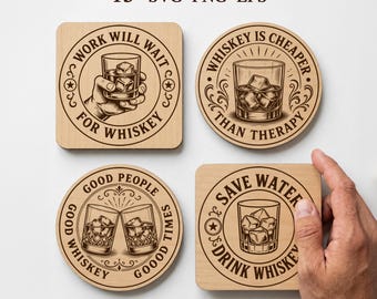 Whiskey Coasters SVG Bundle, Whisky Laser Burn File, Laser Engraving Files, Funny Whisky Coasters, Glowforge xTool CNC Cut, Whiskey Gift