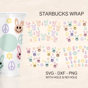 May include: A digital download of a Starbucks cup wrap design featuring a pastel color scheme with bunnies, peace signs, and flowers. The design is available in SVG, DXF, and PNG formats, with and without a hole for the straw.