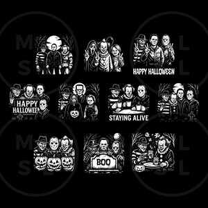 May include: Black and white illustrations of horror movie characters. The images include Freddy Krueger, Jason Voorhees, Michael Myers, Pennywise, and others. Some images have the text "HAPPY HALLOWEEN", "STAYING ALIVE", and "BOO".