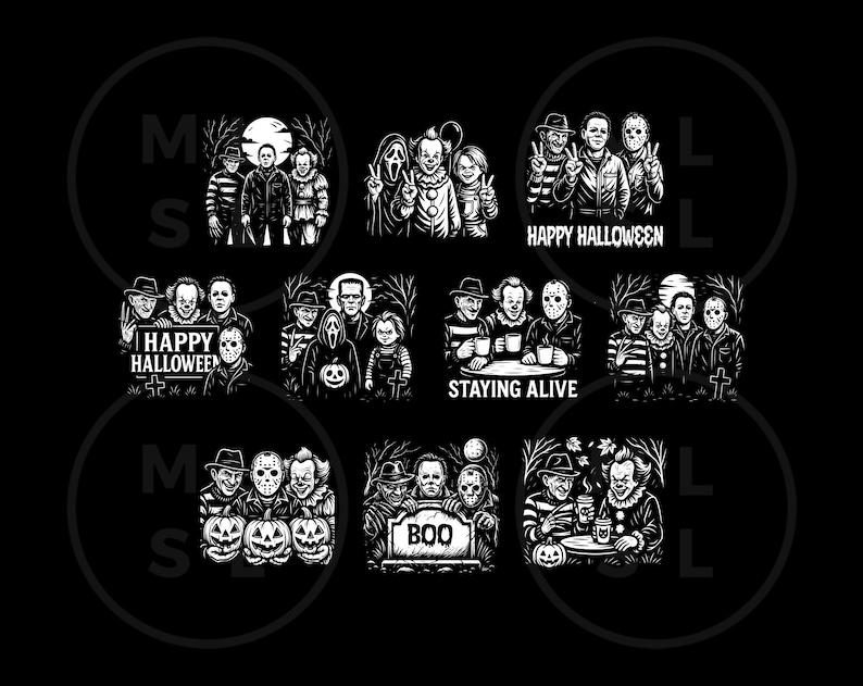 May include: Black and white illustrations of horror movie characters. The images include Freddy Krueger, Jason Voorhees, Michael Myers, Pennywise, and others. Some images have the text "HAPPY HALLOWEEN", "STAYING ALIVE", and "BOO".