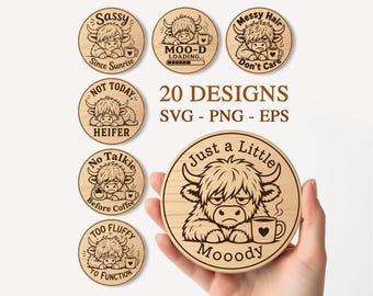 Highland Cow Coffee Coaster SVG Bundle, Coffee coasters Svg, Xtool Cnc File, Glowforge, Funny Highland Cow Laser Files, Engraving files