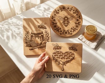 3D Honey Bee Cutting Board Laser Engraving File, Coffee coasters, Bee Charcuterie Board Engraving, Glowforge Svg, Honeycomb Laser Files