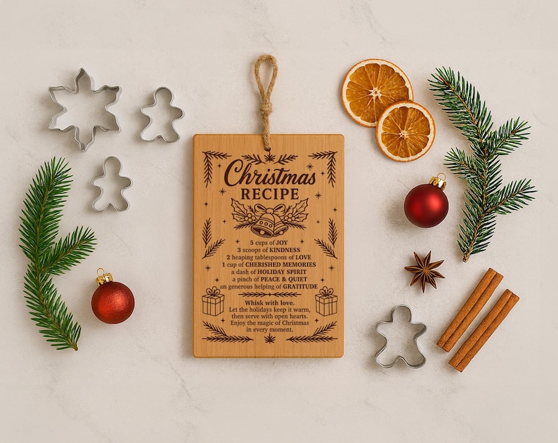 May include: A wooden Christmas recipe cutting board with a rope handle, surrounded by festive decorations. Includes cookie cutters, ornaments, pine sprigs, dried orange slices, and cinnamon sticks. The board features engraved text with a holiday recipe.