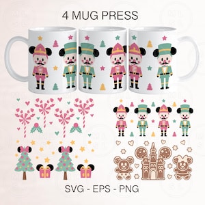 May include: Four white mugs with handles, each featuring a different Christmas-themed design. The designs include a nutcracker with a red and green uniform, a candy cane, a Christmas tree, and a gingerbread house. The text "4 MUG PRESS" is printed at the top of the image. The text "SVG - EPS - PNG" is printed at the bottom of the image.