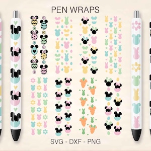 May include: A set of 10 printable pen wrap designs featuring Easter-themed patterns with Mickey Mouse ears, eggs, carrots, and bunnies. The designs are in a variety of pastel colours, including pink, blue, yellow, and green. The text "PEN WRAPS" is at the top of the image, and the text "SVG - DXF - PNG" is at the bottom of the image.