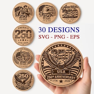 May include: A collection of wooden round designs celebrating the 250th anniversary of the United States. Each design features patriotic imagery such as an eagle, the Statue of Liberty, and the American flag, along with the years 1776-2026.