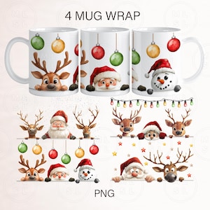 May include: Four white mugs with Christmas designs. Each mug features a different design with a reindeer, Santa Claus, a snowman, and a Christmas tree. The mugs are decorated with red, green, and white ornaments and lights.