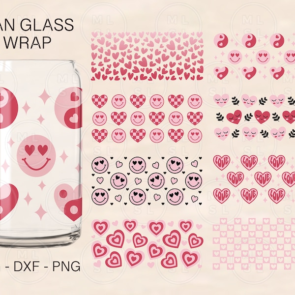 Valentines Can Glass Bundle Svg, Hearts Can Glass, Smiley Svg, 16oz Libbey Full Wrap, Can Glass Wrap Svg, File For Cricut, Libbey Template
