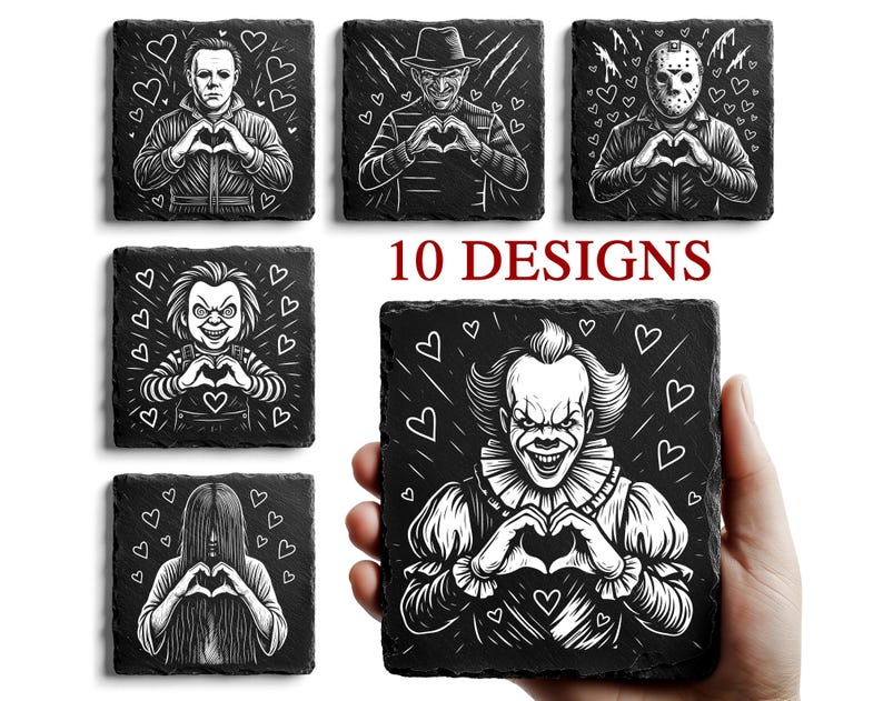 May include: Black and white slate coasters featuring horror movie characters forming heart shapes with their hands. The coasters have a square shape and include the text "10 DESIGNS".