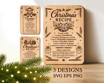 Archivos de grabado para tablas de cortar navideñas, paquete de recetas navideñas en formato SVG, letrero de cocina navideño en formato SVG, tabla de charcutería navideña en formato SVG, archivo Glowforge