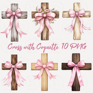 Puede incluir: Conjunto de diez imágenes digitales de clipart de cruces de madera con lazos rosas. Las cruces están en varias posiciones y tienen una textura de madera rústica.