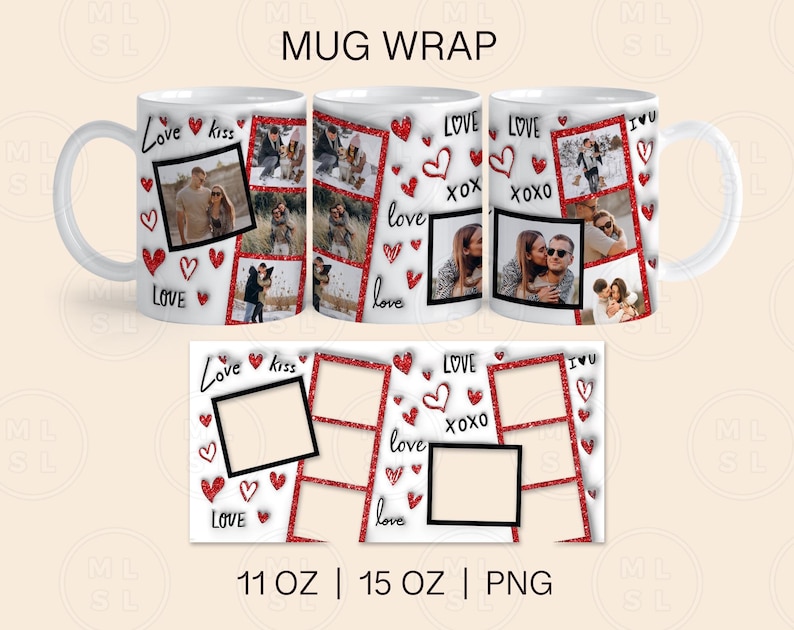 Pu&ograve; includere: Un involucro per tazza in ceramica bianca con un tema di San Valentino. L'involucro presenta cuori rossi, glitter e le parole "Love", "Kiss", "XOXO" e "I Love You". Ci sono anche quattro cornici per foto sull'involucro, due delle quali sono riempite con foto di coppie.